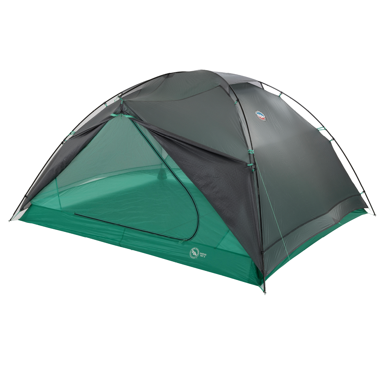 The Big Agnes Returns Sarvis VST 2 is a green and dark gray dome-shaped tent with mesh panels, flexible poles, a zippered door, and ultralight Hyperbead fabric, shown pitched on a white background.
