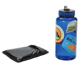 A blue water bottle with colorful stickers stands upright beside a folded black Sarvis VST 3 Footprint by Big Agnes, both set against a plain white background.