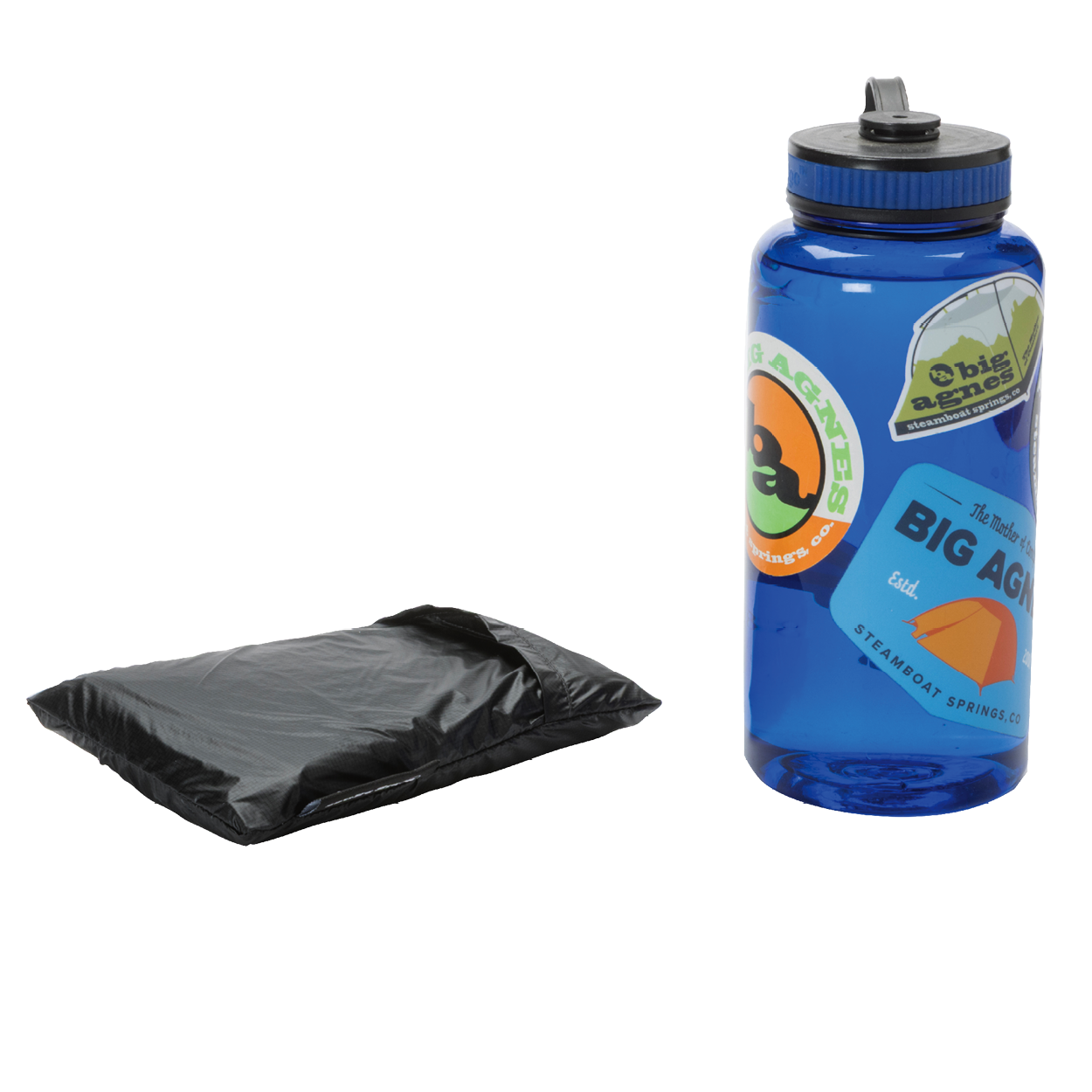 A blue water bottle with colorful stickers stands upright beside a folded black Sarvis VST 3 Footprint by Big Agnes Returns, both set against a plain white background.