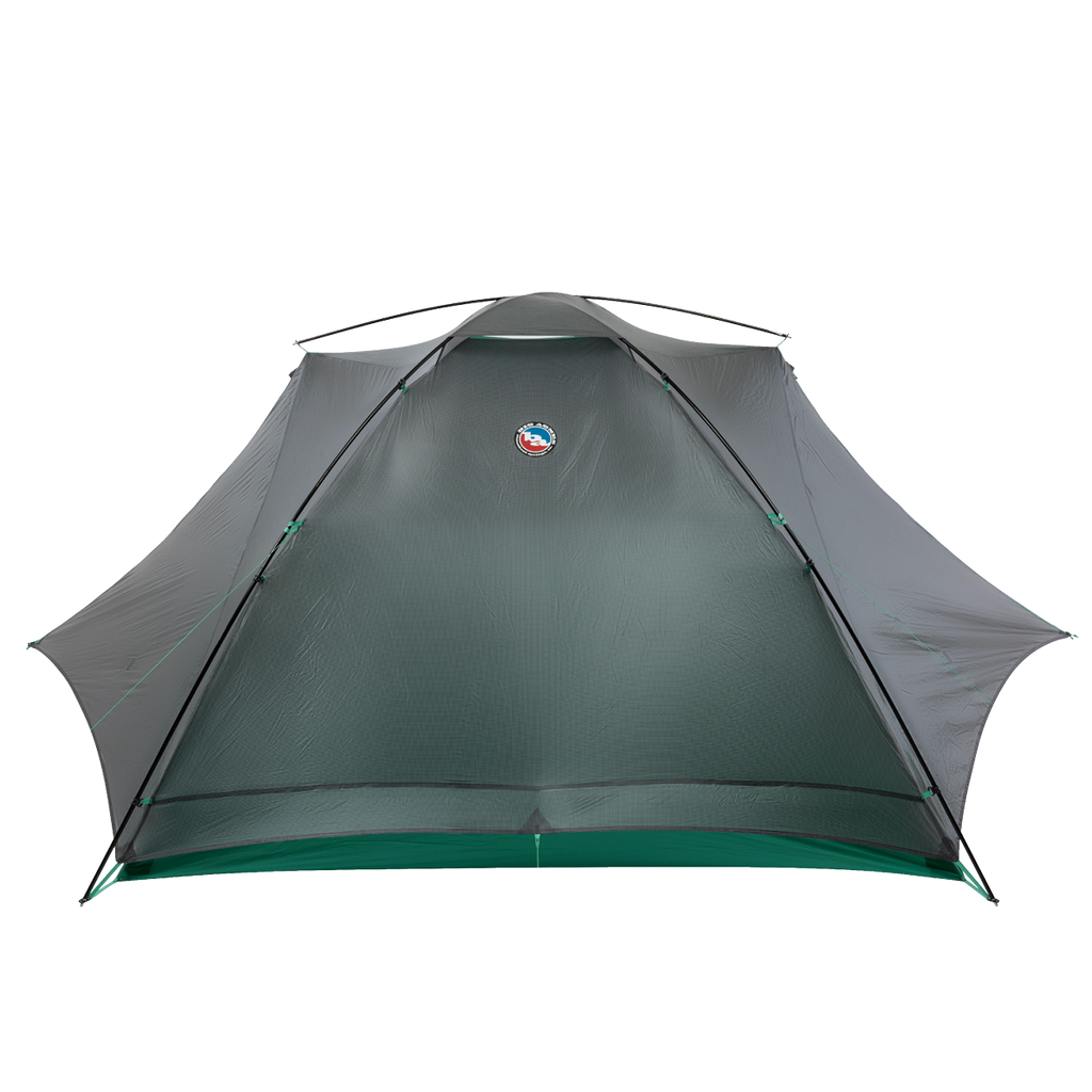 Front view of the Big Agnes Returns Sarvis VST 3 tent in gray and green with mesh panels and logo near the top; this ultralight shelter uses Hyperbead fabric, shown against a plain white background.