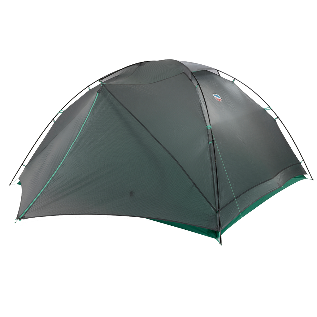 The Big Agnes Returns Sarvis VST 3 is a dark green, dome-shaped tent with a simple, lightweight design and flexible poles made from Hyperbead fabric, shown set up on a plain white background.