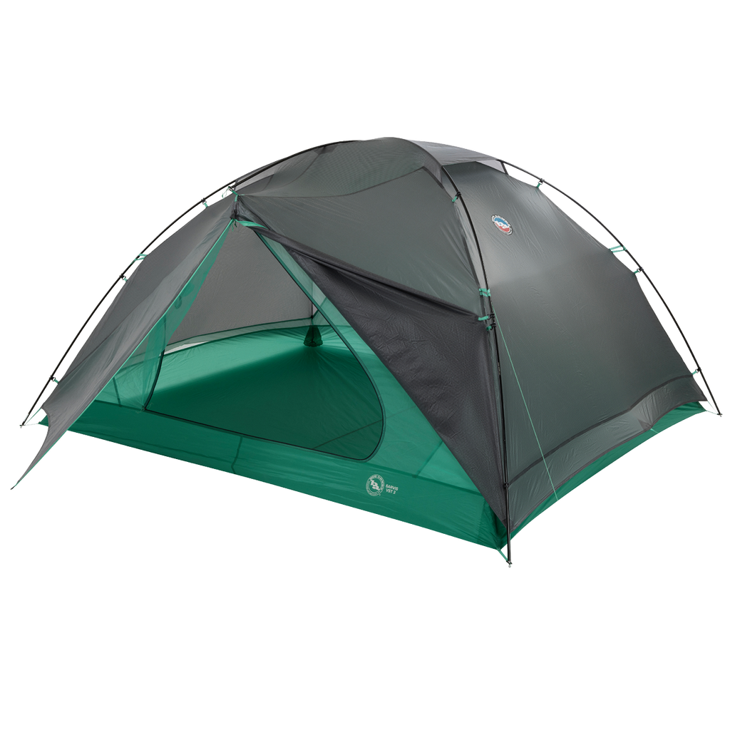 The Big Agnes Returns Sarvis VST 3 is a green and gray dome-shaped tent with mesh panels, two top-crossing poles, and an open door revealing the interior. This ultralight shelter is pitched on a white background.