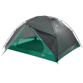 The Big Agnes Returns Sarvis VST 3 is a green and gray dome-shaped tent with mesh panels, two top-crossing poles, and an open door revealing the interior. This ultralight shelter is pitched on a white background.