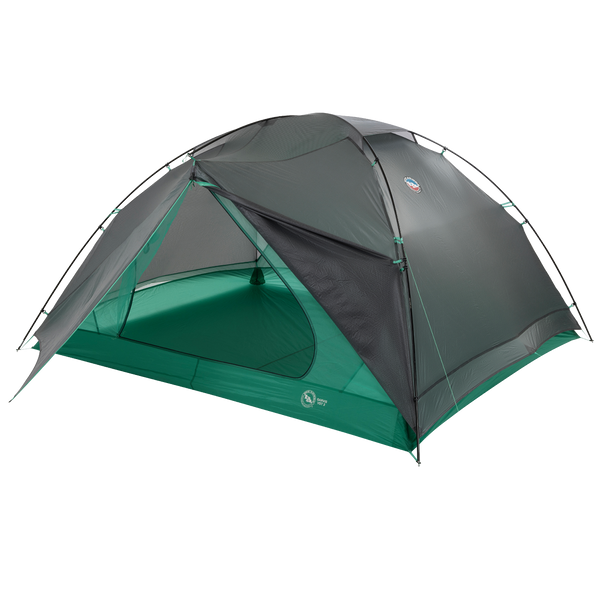 The Big Agnes Returns Sarvis VST 3 is a green and gray dome-shaped tent with mesh panels, two top-crossing poles, and an open door revealing the interior. This ultralight shelter is pitched on a white background.