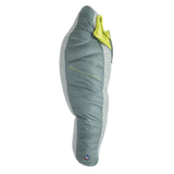 The Big Agnes Sidewinder 0˚ is a green and gray mummy-style sleeping bag with a bright green interior, body mapped insulation for targeted warmth, shown zipped up and lying flat on a white background.