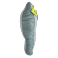 The Big Agnes Returns Sidewinder 0˚ is a green and gray mummy-style sleeping bag with a bright green interior, body mapped insulation for targeted warmth, shown zipped up and lying flat on a white background.