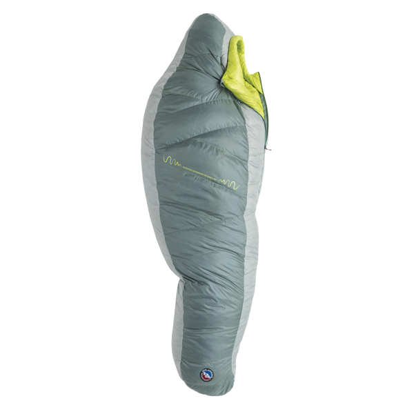The Big Agnes Returns Sidewinder 0˚ is a green and gray mummy-style sleeping bag with a bright green interior, body mapped insulation for targeted warmth, shown zipped up and lying flat on a white background.