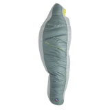 The Big Agnes Sidewinder 0˚, a grey and light green mummy-style sleeping bag, stands upright on a white background, showcasing its tapered shape, quilted design, body mapped insulation, and a small logo near the bottom.