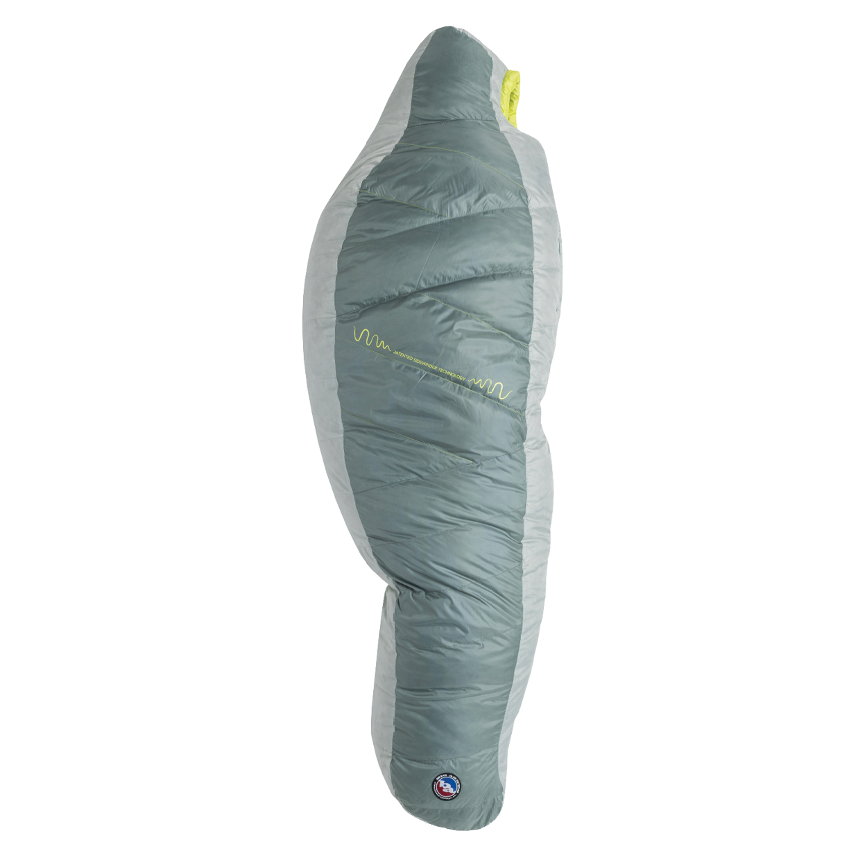 The Big Agnes Returns Sidewinder 0˚, a grey and light green mummy-style sleeping bag, stands upright on a white background, showcasing its tapered shape, quilted design, body mapped insulation, and a small logo near the bottom.