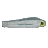 The Big Agnes Sidewinder 0˚ is a gray and green mummy-style sleeping bag for side sleepers with body mapped insulation and a side zipper, shown zipped up and lying flat on a white background.