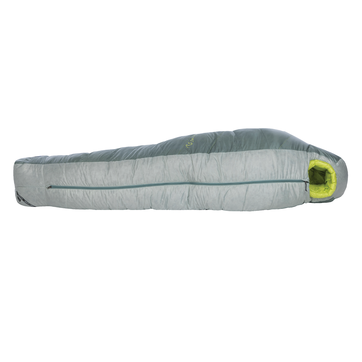 The Big Agnes Returns Sidewinder 0˚ is a gray and green mummy-style sleeping bag for side sleepers with body mapped insulation and a side zipper, shown zipped up and lying flat on a white background.
