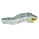 A person is sleeping inside the Big Agnes Sidewinder 0˚, a light gray and lime green mummy-style side sleeper sleeping bag with body-mapped insulation, fully zipped and snug around them, as they rest on a white background.