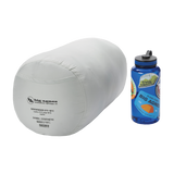 A light gray Big Agnes Sidewinder 0˚ sleeping bag with body-mapped insulation, packed in a cylindrical stuff sack, sits next to a blue sticker-covered Nalgene bottle on a white background.