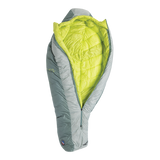 The Big Agnes Sidewinder 0˚ sleeping bag, shown unzipped and open in light gray and lime green, displays its body-mapped insulation and insulated interior against a plain white background.