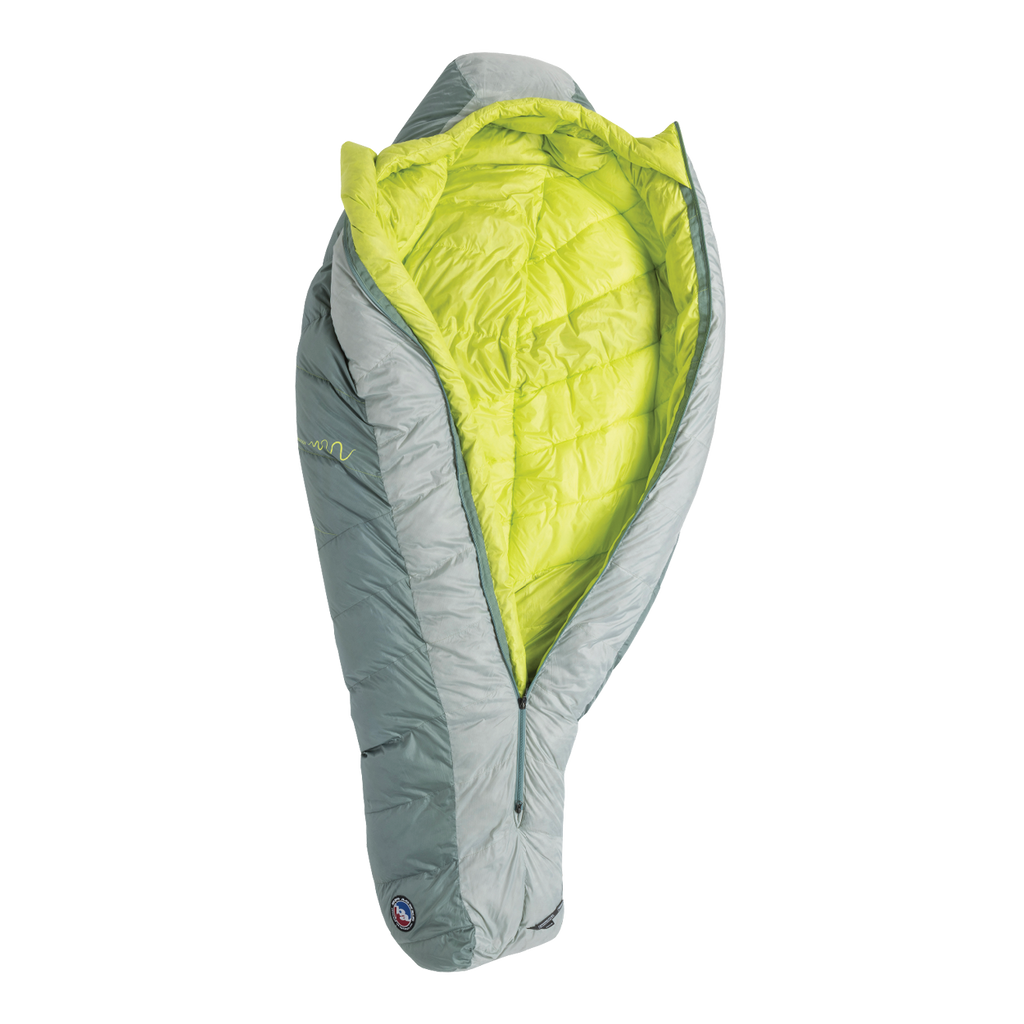 The Big Agnes Returns Sidewinder 0˚ sleeping bag, shown unzipped and open in light gray and lime green, displays its body-mapped insulation and insulated interior against a plain white background.