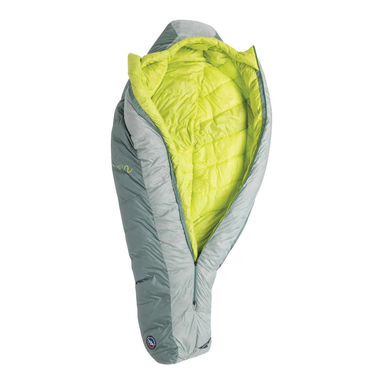 The Big Agnes Returns Sidewinder 0˚ sleeping bag, shown unzipped and open in light gray and lime green, displays its body-mapped insulation and insulated interior against a plain white background.