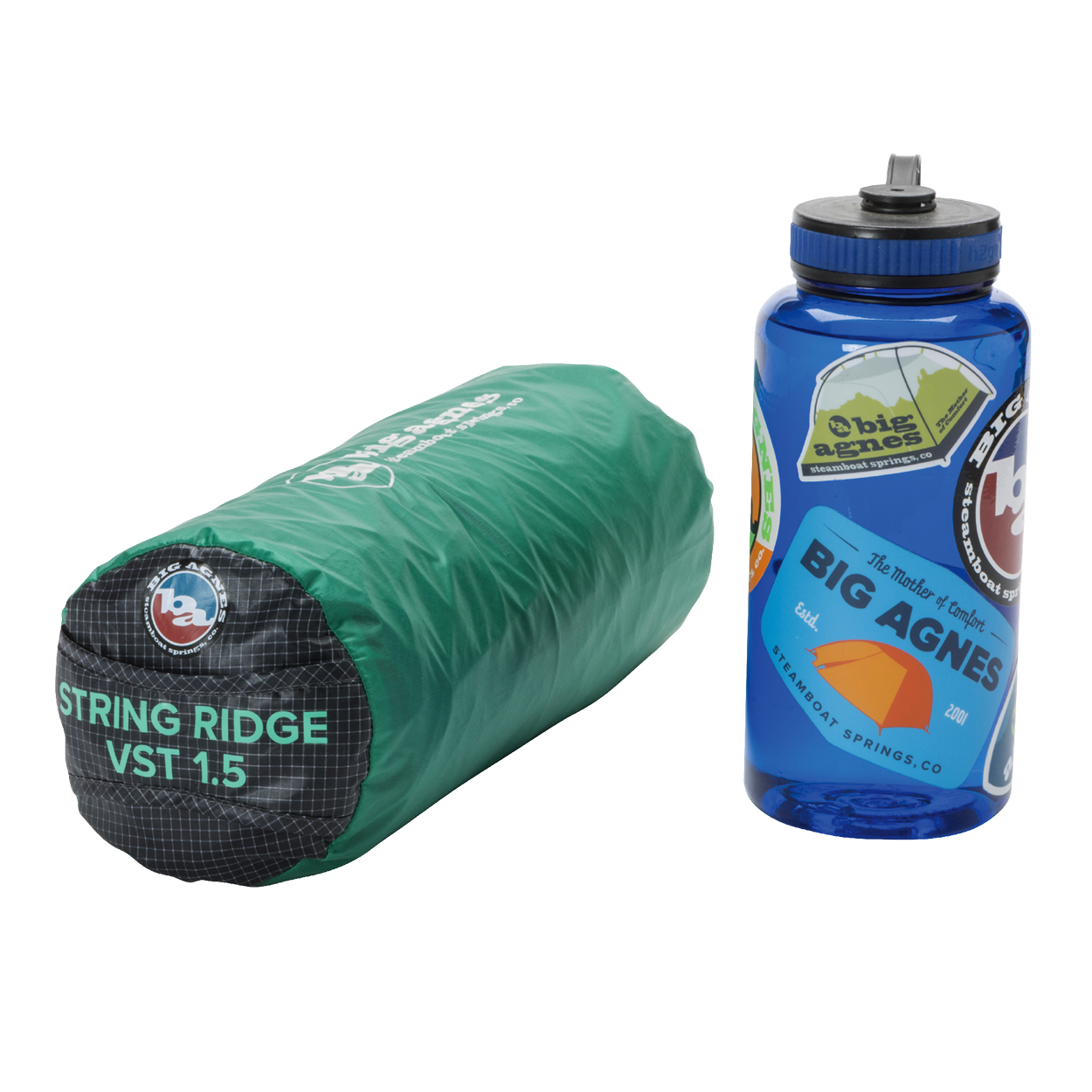 A green, rolled-up Big Agnes String Ridge VST 1.5 ultralight shelter sits next to a blue Nalgene water bottle decorated with outdoor-themed stickers.