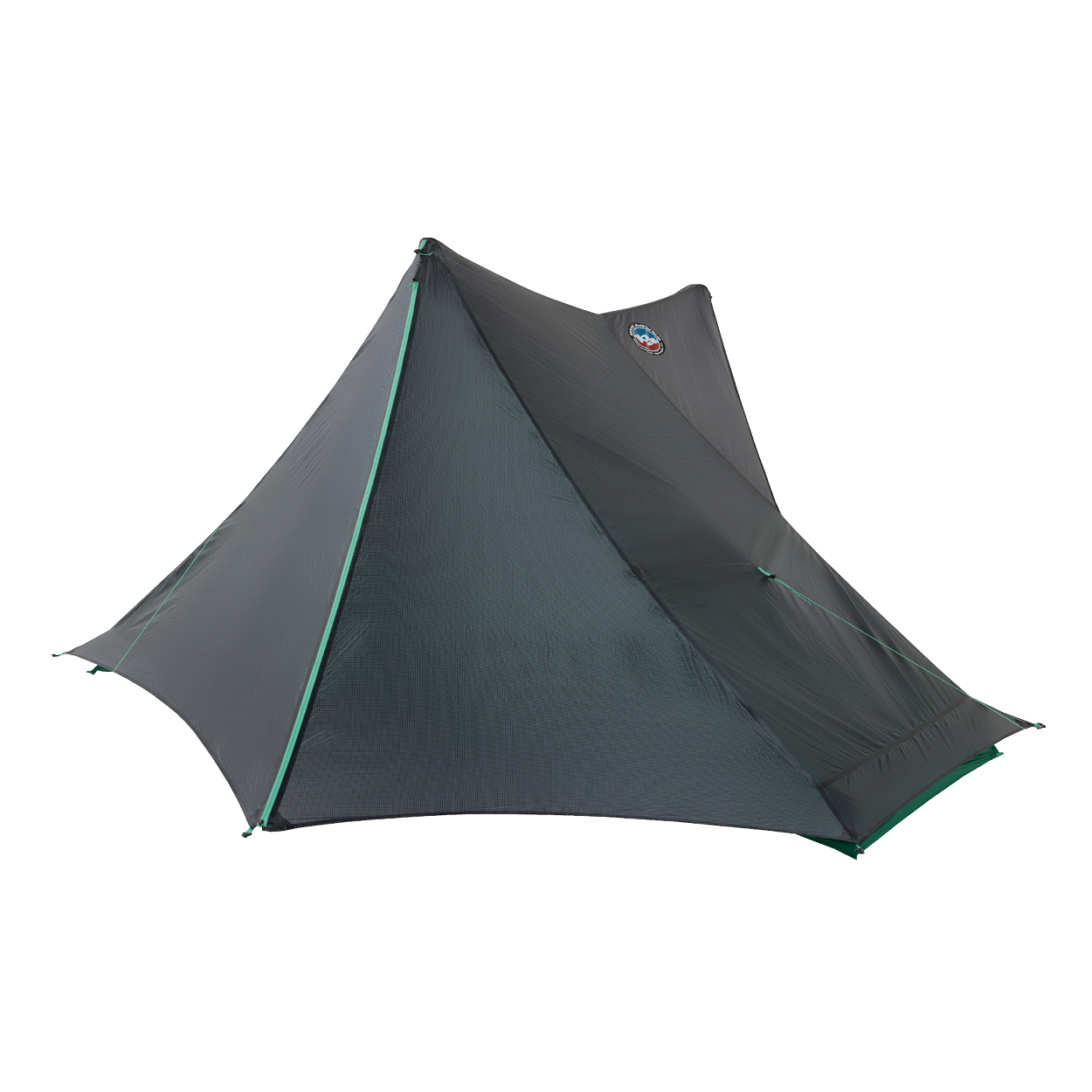 The Big Agnes Returns String Ridge VST 1.5 is a dark gray, single-pole, pyramid-shaped ultralight tent with green-trimmed seams that stands out against a plain white background.
