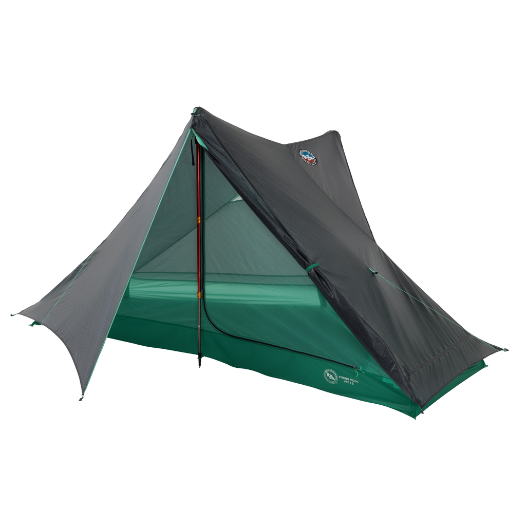 The Big Agnes Returns String Ridge VST 1.5 is a green and gray ultralight A-frame tent for two, with mesh sides, a rainfly, and two poles—partially open to reveal the interior—ideal for outdoor camping adventures.