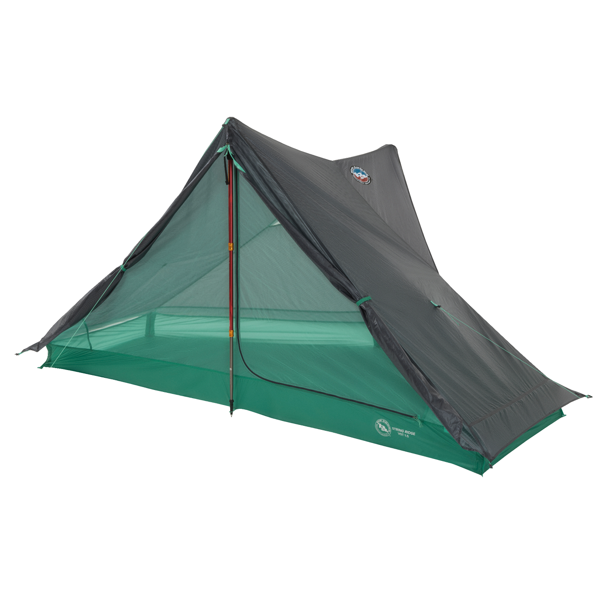 The Big Agnes Returns String Ridge VST 1.5 is a green and gray dome-shaped tent with mesh sides and a partially open door, featuring visible support poles, offering ultralight, reliable shelter for your camping trips.