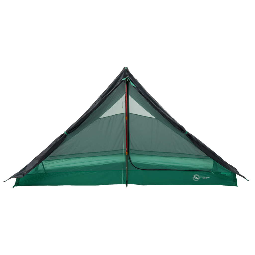 The Big Agnes String Ridge VST 1.5 is a green and black ultralight tent with a mesh upper, shown on a white background. It features a central trekking pole, symmetrical design, and a partially unzipped door revealing the interior.