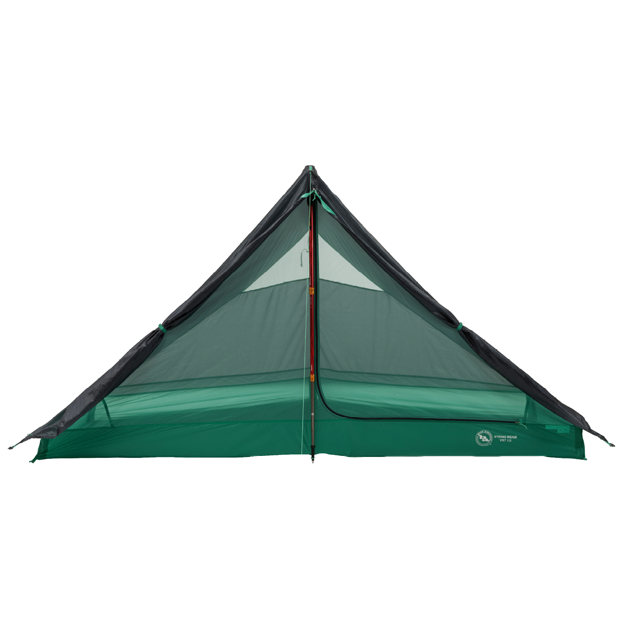 The Big Agnes Returns String Ridge VST 1.5 is a green and black ultralight tent with a mesh upper, shown on a white background. It features a central trekking pole, symmetrical design, and a partially unzipped door revealing the interior.