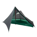 The Big Agnes Returns String Ridge VST 1.5, a green and black ultralight backpacking tent, features a mesh upper, rainfly, and open-front triangular design supported by trekking poles. It's displayed on a white background.