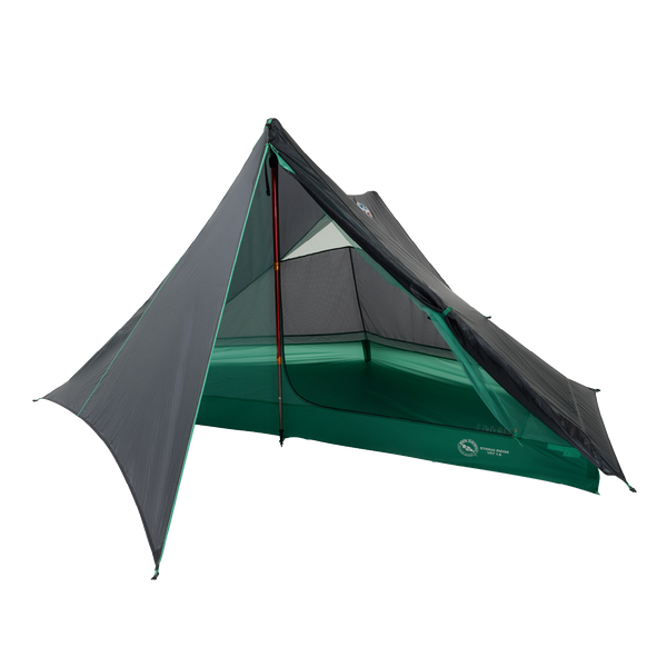 The Big Agnes Returns String Ridge VST 1.5, a green and black ultralight backpacking tent, features a mesh upper, rainfly, and open-front triangular design supported by trekking poles. It's displayed on a white background.
