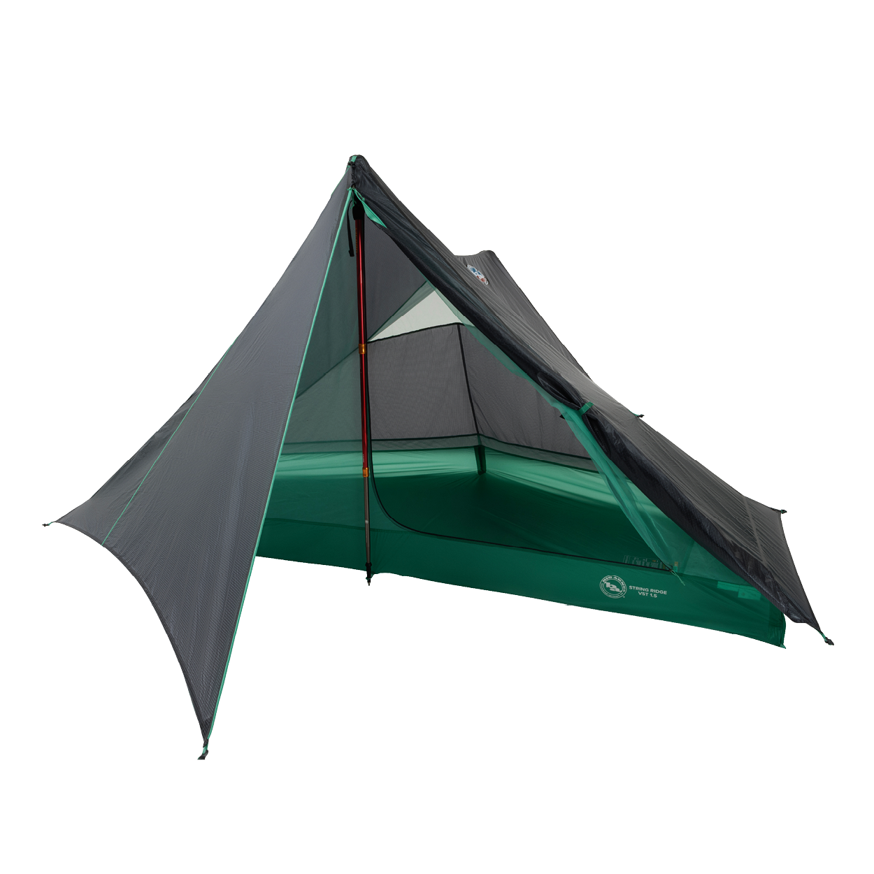 The Big Agnes String Ridge VST 1.5, a green and black ultralight backpacking tent, features a mesh upper, rainfly, and open-front triangular design supported by trekking poles. It's displayed on a white background.