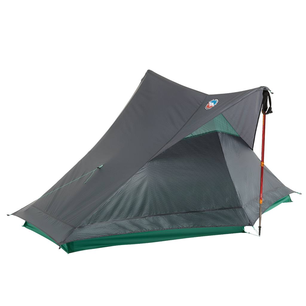 The Big Agnes Returns String Ridge VST 1.5, a lightweight gray and green backpacking tent with an open entrance and trekking pole support, is shown on a white background—an ultralight, ideal shelter for your next outdoor adventure.