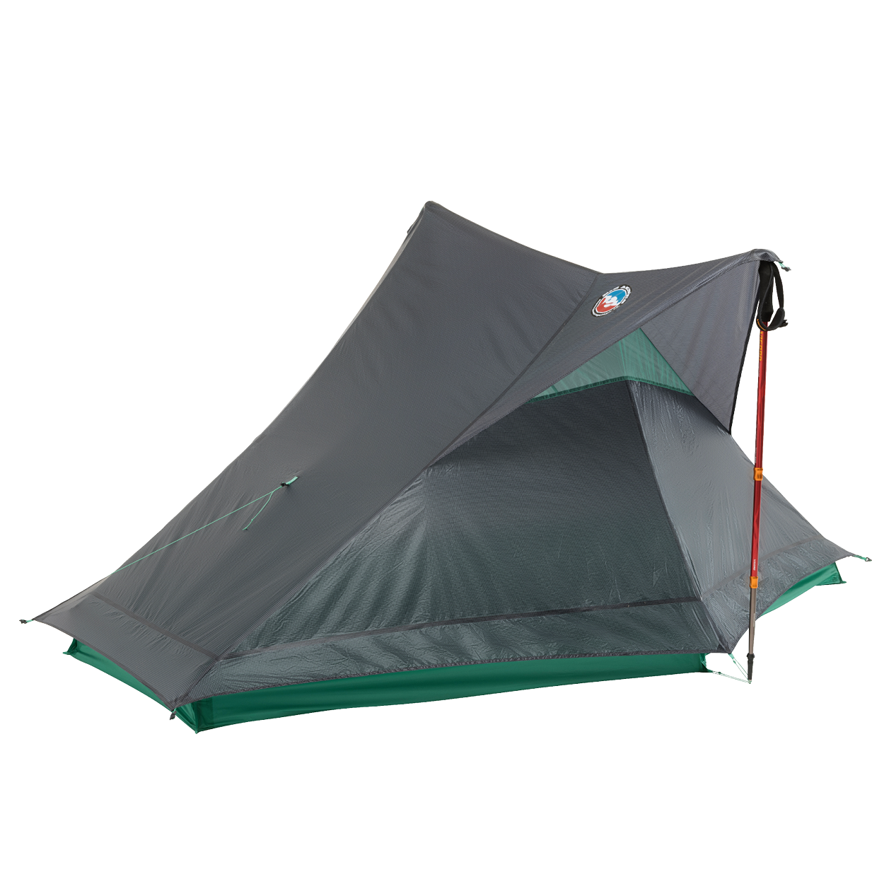 The Big Agnes Returns String Ridge VST 1.5, a lightweight gray and green backpacking tent with an open entrance and trekking pole support, is shown on a white background—an ultralight, ideal shelter for your next outdoor adventure.