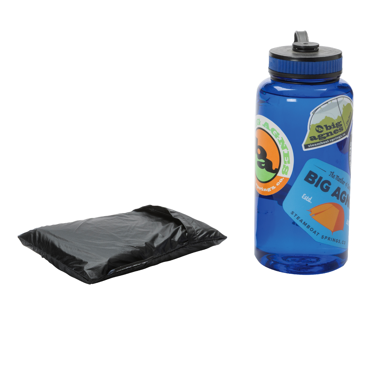 The Big Agnes Returns String Ridge VST 1.5 Footprint, a black folded ground cloth, is placed beside a blue reusable water bottle with stickers on a white background.