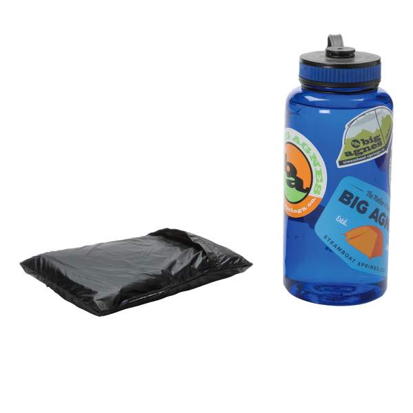 The Big Agnes Returns String Ridge VST 1.5 Footprint, a black folded ground cloth, is placed beside a blue reusable water bottle with stickers on a white background.