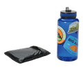 The Big Agnes String Ridge VST 1.5 Footprint, a black folded ground cloth, is placed beside a blue reusable water bottle with stickers on a white background.