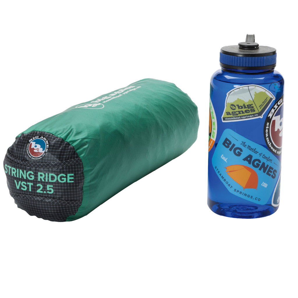 Green sleeping bag and blue water bottle with Big Agnes Returns branding on a white background