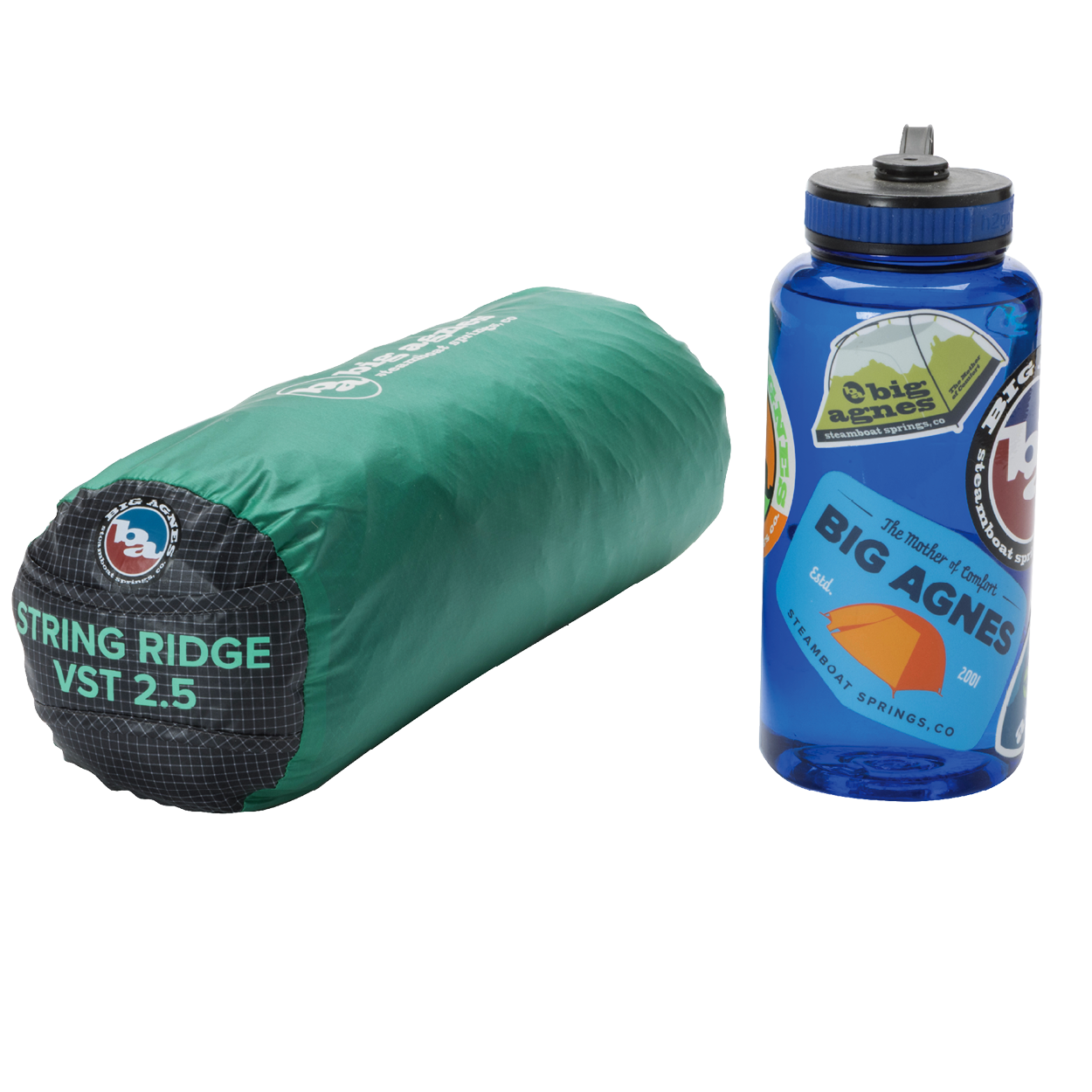 Green sleeping bag and blue water bottle with Big Agnes Returns branding on a white background