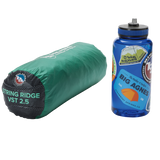 Green sleeping bag and blue water bottle with Big Agnes branding on a white background