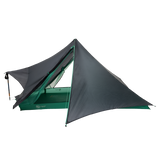 Camping tarp with green base and gray top on a white background