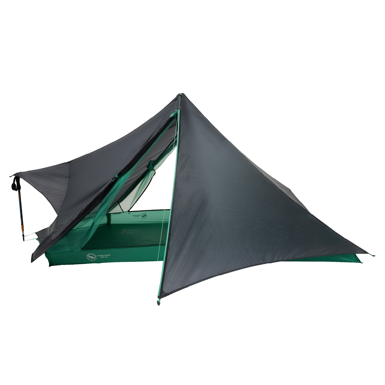 Camping tarp with green base and gray top on a white background