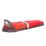 The Big Agnes Three Wire Hooped Bivy, shown in red and gray with a mesh-covered head area and an orange sleeping bag inside, is designed for outdoor camping and provides reliable four-season protection.