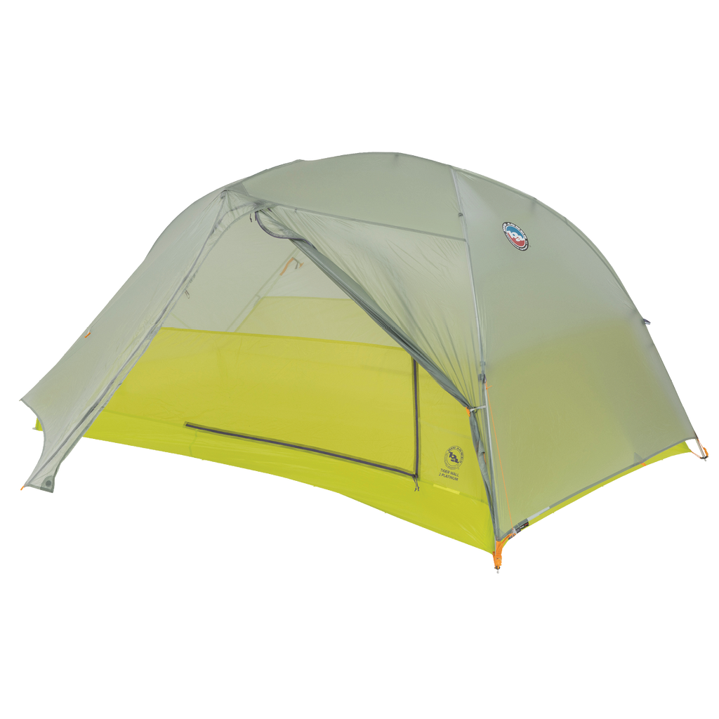 Green and yellow tent with a brand logo on a white background