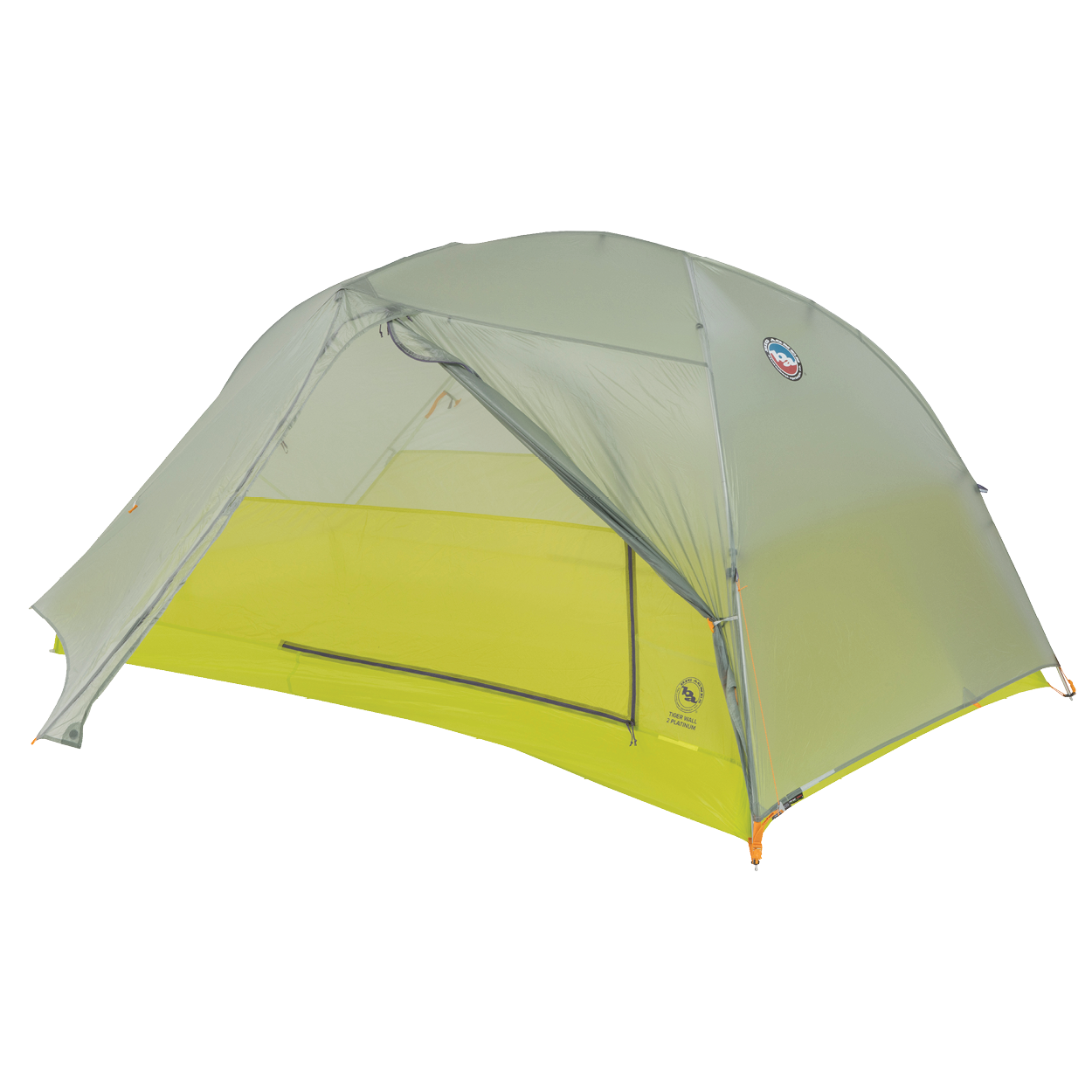 Green and yellow tent with a brand logo on a white background