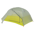 Green and yellow tent with a brand logo on a white background