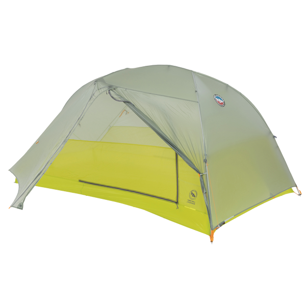 Green and yellow tent with a brand logo on a white background