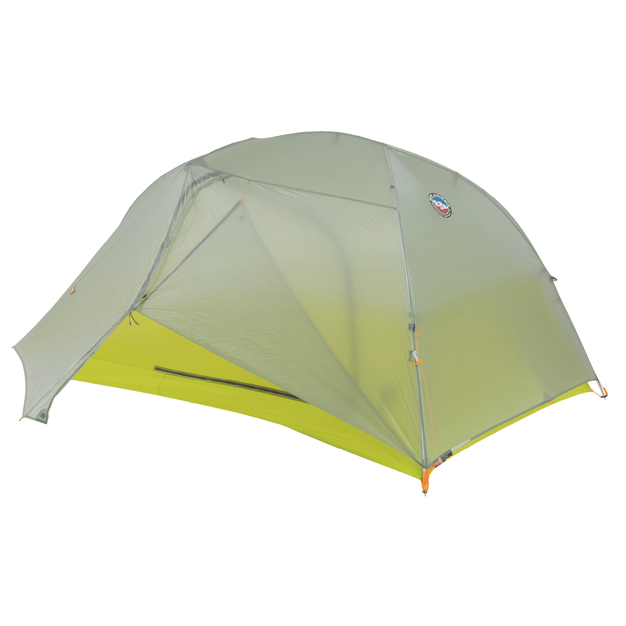 Green camping tent with a brand logo on a white background