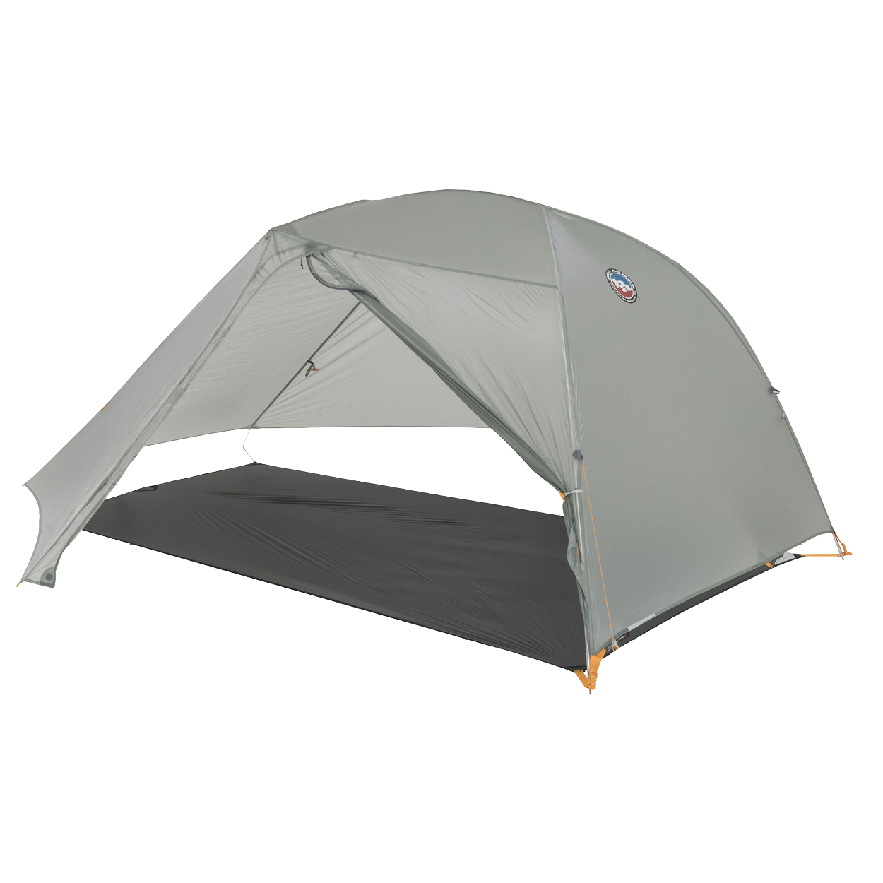 Gray camping tent with a brand logo on a white background