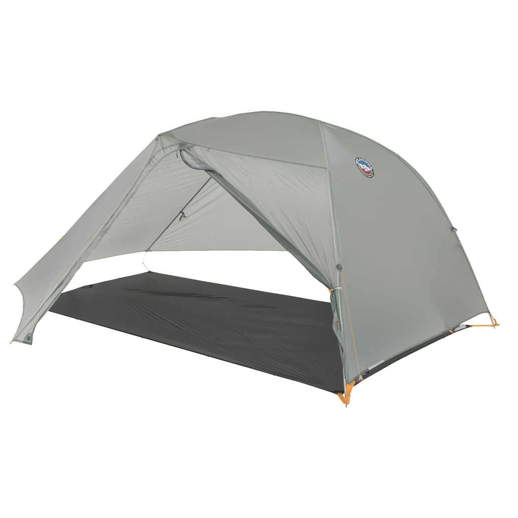 Gray camping tent with a brand logo on a white background