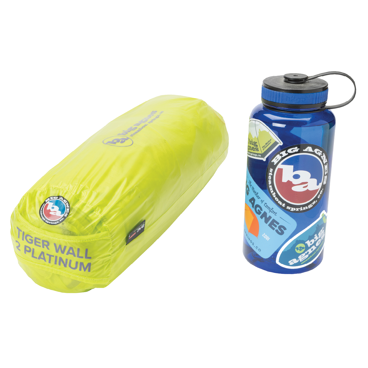 Yellow cylindrical product labeled 'Tiger Wall Platinum' and a blue water bottle with 'Big Agnes Returns' branding on a white background.
