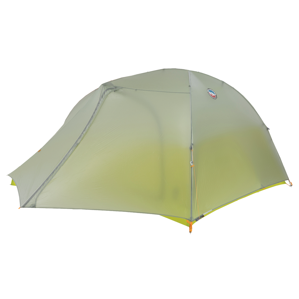 Green camping tent with a brand logo on a white background