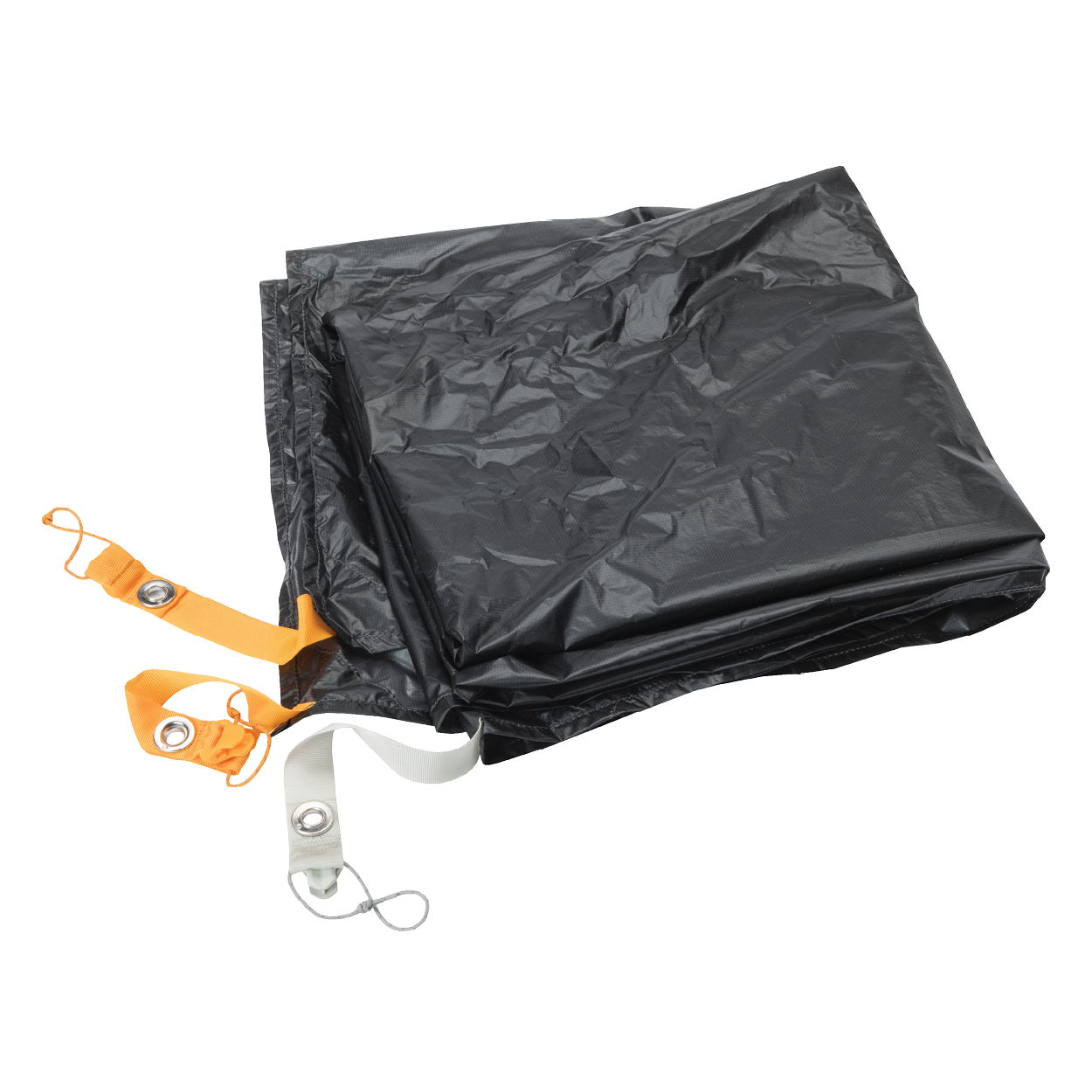 Black tarp with orange straps on a white background